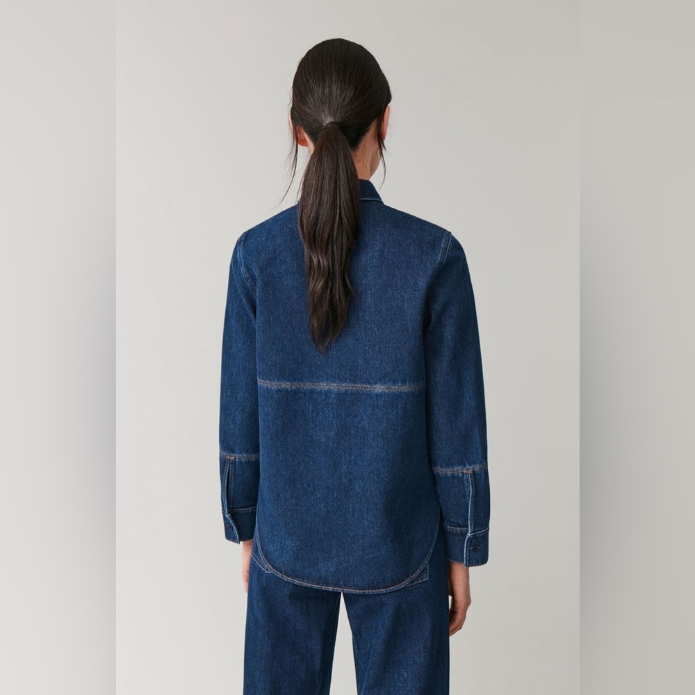 COS dark Denim Jean Shirt jacket Shacket size 4 dark blue minimalist classic - Picture 3 of 9